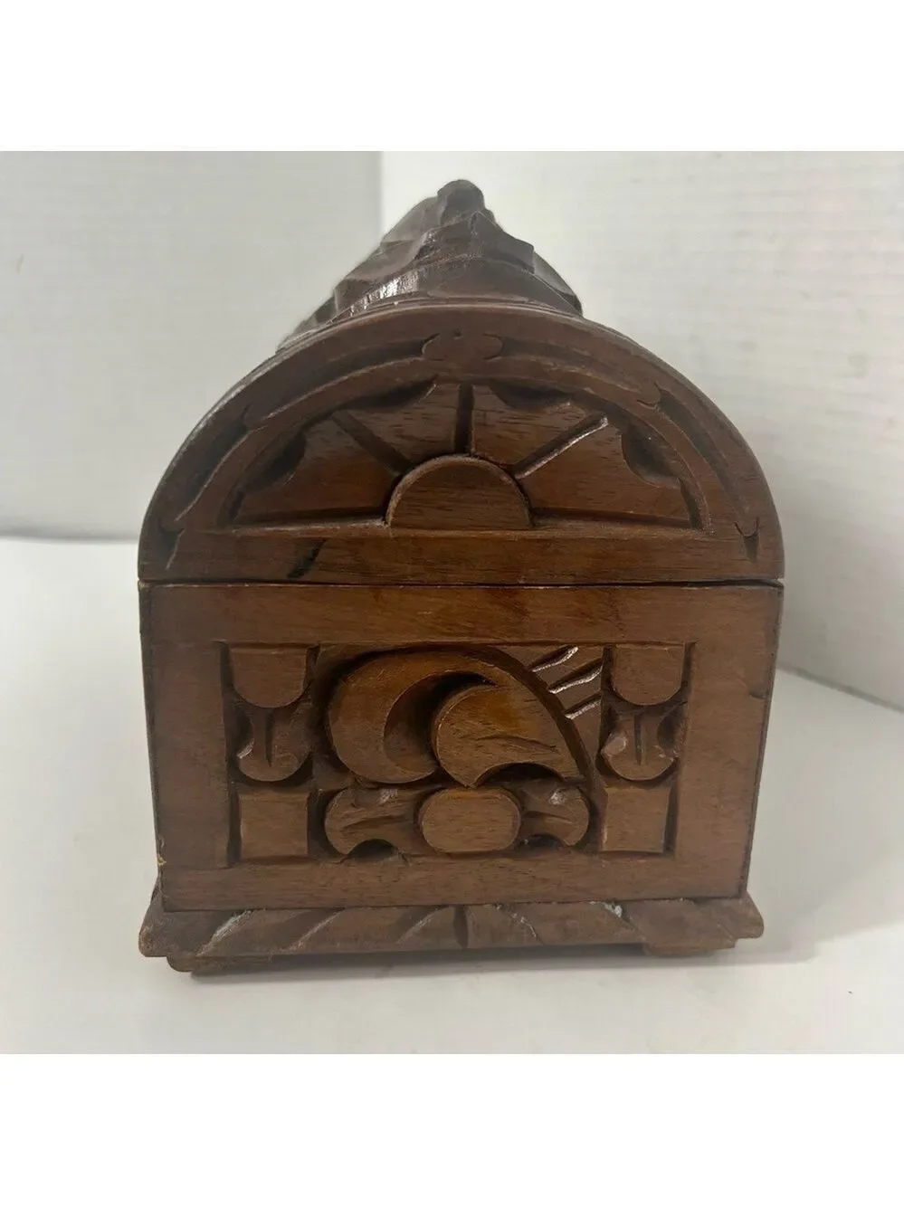 Antique Footed Hand carved Wooden Box Primitive Doned Floral Design Storage